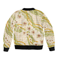 Melemele Ahiahia Hawai'i Palaka Plumeria Bomber Jacket Puakenikeni and Maile Lei