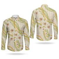 Melemele Ahiahia Hawai'i Palaka Plumeria Couples Matching Long Sleeve Bodycon Dress and Long Sleeve Button Shirt Puakenikeni and Maile Lei