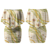 Melemele Ahiahia Hawai'i Palaka Plumeria Couples Matching Off Shoulder Short Dress and Hawaiian Shirt Puakenikeni and Maile Lei
