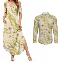 Melemele Ahiahia Hawai'i Palaka Plumeria Couples Matching Summer Maxi Dress and Long Sleeve Button Shirt Puakenikeni and Maile Lei