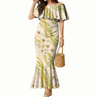 Melemele Ahiahia Hawai'i Palaka Plumeria Mermaid Dress Puakenikeni and Maile Lei