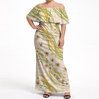 Melemele Ahiahia Hawai'i Palaka Plumeria Off Shoulder Maxi Dress Puakenikeni and Maile Lei