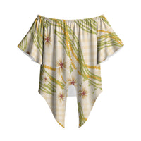 Melemele Ahiahia Hawai'i Palaka Plumeria Off Shoulder Wrap Waist Top Puakenikeni and Maile Lei LT9 Pastel Yellow - Polynesian Pride