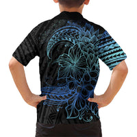 Floral Polynesian Hibiscus Tattoo Family Matching Short Sleeve Bodycon Dress and Hawaiian Shirt Blue Gradient Style LT9 - Polynesian Pride