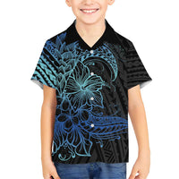 Floral Polynesian Hibiscus Tattoo Family Matching Short Sleeve Bodycon Dress and Hawaiian Shirt Blue Gradient Style LT9 Son's Shirt Blue - Polynesian Pride