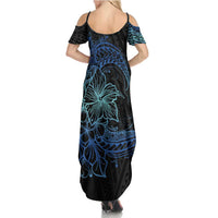 Floral Polynesian Hibiscus Tattoo Family Matching Summer Maxi Dress and Hawaiian Shirt Blue Gradient Style