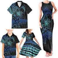 Floral Polynesian Hibiscus Tattoo Family Matching Tank Maxi Dress and Hawaiian Shirt Blue Gradient Style