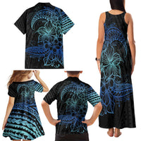 Floral Polynesian Hibiscus Tattoo Family Matching Tank Maxi Dress and Hawaiian Shirt Blue Gradient Style