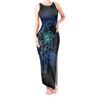 Floral Polynesian Hibiscus Tattoo Tank Maxi Dress Blue Gradient Style