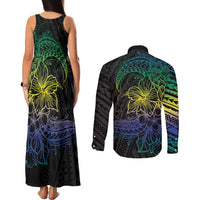 Floral Polynesian Hibiscus Tattoo Couples Matching Tank Maxi Dress and Long Sleeve Button Shirt Green Gradient Style LT9 - Polynesian Pride