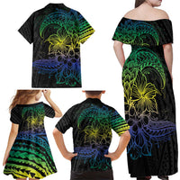 Floral Polynesian Hibiscus Tattoo Family Matching Off Shoulder Maxi Dress and Hawaiian Shirt Green Gradient Style LT9 - Polynesian Pride