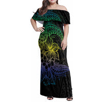Floral Polynesian Hibiscus Tattoo Family Matching Off Shoulder Maxi Dress and Hawaiian Shirt Green Gradient Style LT9 Mom's Dress Green - Polynesian Pride