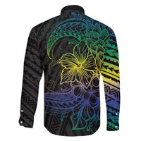 Floral Polynesian Hibiscus Tattoo Family Matching Off Shoulder Short Dress and Hawaiian Shirt Green Gradient Style