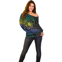 Floral Polynesian Hibiscus Tattoo Off Shoulder Sweater Green Gradient Style