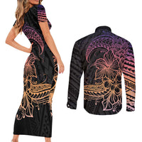 Floral Polynesian Hibiscus Tattoo Couples Matching Short Sleeve Bodycon Dress and Long Sleeve Button Shirt Peach Gradient Style LT9 - Polynesian Pride