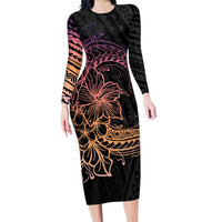 Floral Polynesian Hibiscus Tattoo Family Matching Long Sleeve Bodycon Dress and Hawaiian Shirt Peach Gradient Style LT9 Mom's Dress Peach - Polynesian Pride