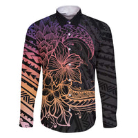 Floral Polynesian Hibiscus Tattoo Family Matching Short Sleeve Bodycon Dress and Hawaiian Shirt Peach Gradient Style LT9 Dad's Shirt - Long Sleeve Peach - Polynesian Pride