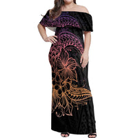 Floral Polynesian Hibiscus Tattoo Off Shoulder Maxi Dress Peach Gradient Style