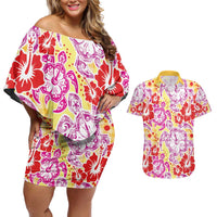 Palaka with Honu and Hibiscus Couples Matching Off Shoulder Short Dress and Hawaiian Shirt Hawaiian Heritage Spirit - Polynesian Pride