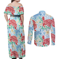 Palaka with Honu and Plumeria Couples Matching Off Shoulder Maxi Dress and Long Sleeve Button Shirt Hawaiian Heritage Spirit LT9 - Polynesian Pride