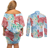 Palaka with Honu and Plumeria Couples Matching Off Shoulder Short Dress and Long Sleeve Button Shirt Hawaiian Heritage Spirit LT9 - Polynesian Pride