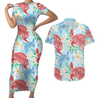 Palaka with Honu and Plumeria Couples Matching Short Sleeve Bodycon Dress and Hawaiian Shirt Hawaiian Heritage Spirit LT9 Blue - Polynesian Pride