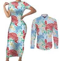 Palaka with Honu and Plumeria Couples Matching Short Sleeve Bodycon Dress and Long Sleeve Button Shirt Hawaiian Heritage Spirit LT9 Blue - Polynesian Pride