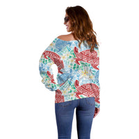 Palaka with Honu and Plumeria Off Shoulder Sweater Hawaiian Heritage Spirit - Polynesian Pride