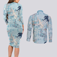 Blue Palaka Crane and Flowers Couples Matching Long Sleeve Bodycon Dress and Long Sleeve Button Shirt Japan Heritage Spirit LT9 - Polynesian Pride