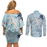 Blue Palaka Crane and Flowers Couples Matching Off Shoulder Short Dress and Long Sleeve Button Shirt Japan Heritage Spirit LT9 - Polynesian Pride