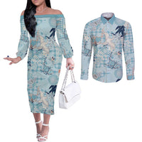Blue Palaka Crane and Flowers Couples Matching Off The Shoulder Long Sleeve Dress and Long Sleeve Button Shirt Japan Heritage Spirit LT9 Blue - Polynesian Pride