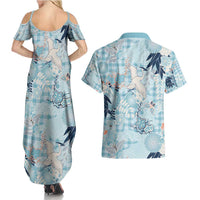 Blue Palaka Crane and Flowers Couples Matching Summer Maxi Dress and Hawaiian Shirt Japan Heritage Spirit LT9 - Polynesian Pride