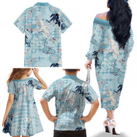 Blue Palaka Crane and Flowers Family Matching Off The Shoulder Long Sleeve Dress and Hawaiian Shirt Japan Heritage Spirit - Polynesian Pride