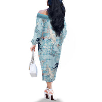Blue Palaka Crane and Flowers Family Matching Off The Shoulder Long Sleeve Dress and Hawaiian Shirt Japan Heritage Spirit - Polynesian Pride