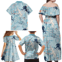 Blue Palaka Crane and Flowers Family Matching Off Shoulder Maxi Dress and Hawaiian Shirt Japan Heritage Spirit - Polynesian Pride