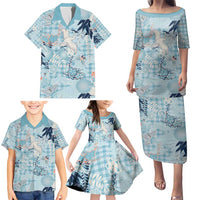 Blue Palaka Crane and Flowers Family Matching Puletasi and Hawaiian Shirt Japan Heritage Spirit LT9 - Polynesian Pride