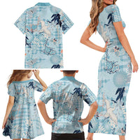 Blue Palaka Crane and Flowers Family Matching Short Sleeve Bodycon Dress and Hawaiian Shirt Japan Heritage Spirit - Polynesian Pride