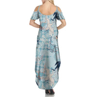 Blue Palaka Crane and Flowers Family Matching Summer Maxi Dress and Hawaiian Shirt Japan Heritage Spirit - Polynesian Pride