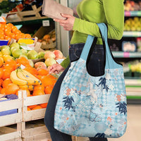 Blue Palaka Crane and Flowers Grocery Bag Japan Heritage Spirit - Polynesian Pride