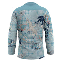 Blue Palaka Crane and Flowers Hockey Jersey Japan Heritage Spirit - Polynesian Pride