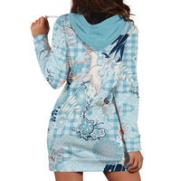 Blue Palaka Crane and Flowers Hoodie Dress Japan Heritage Spirit - Polynesian Pride