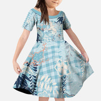 Blue Palaka Crane and Flowers Kid Short Sleeve Dress Japan Heritage Spirit - Polynesian Pride