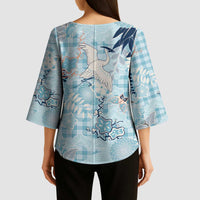 Blue Palaka Crane and Flowers Kimono Sleeve Blouse Japan Heritage Spirit - Polynesian Pride