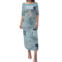 Blue Palaka Crane and Flowers Puletasi Japan Heritage Spirit - Polynesian Pride