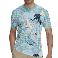 Blue Palaka Crane and Flowers Rugby Jersey Japan Heritage Spirit - Polynesian Pride