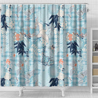 Blue Palaka Crane and Flowers Shower Curtain Japan Heritage Spirit - Polynesian Pride