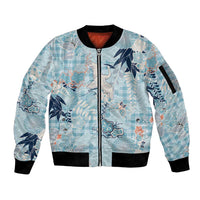 Blue Palaka Crane and Flowers Sleeve Zip Bomber Jacket Japan Heritage Spirit - Polynesian Pride