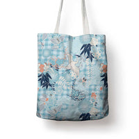 Blue Palaka Crane and Flowers Tote Bag Japan Heritage Spirit - Polynesian Pride