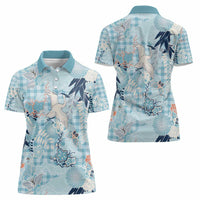 Blue Palaka Crane and Flowers Women Polo Shirt Japan Heritage Spirit - Polynesian Pride