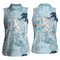 Blue Palaka Crane and Flowers Women Sleeveless Polo Shirt Japan Heritage Spirit - Polynesian Pride